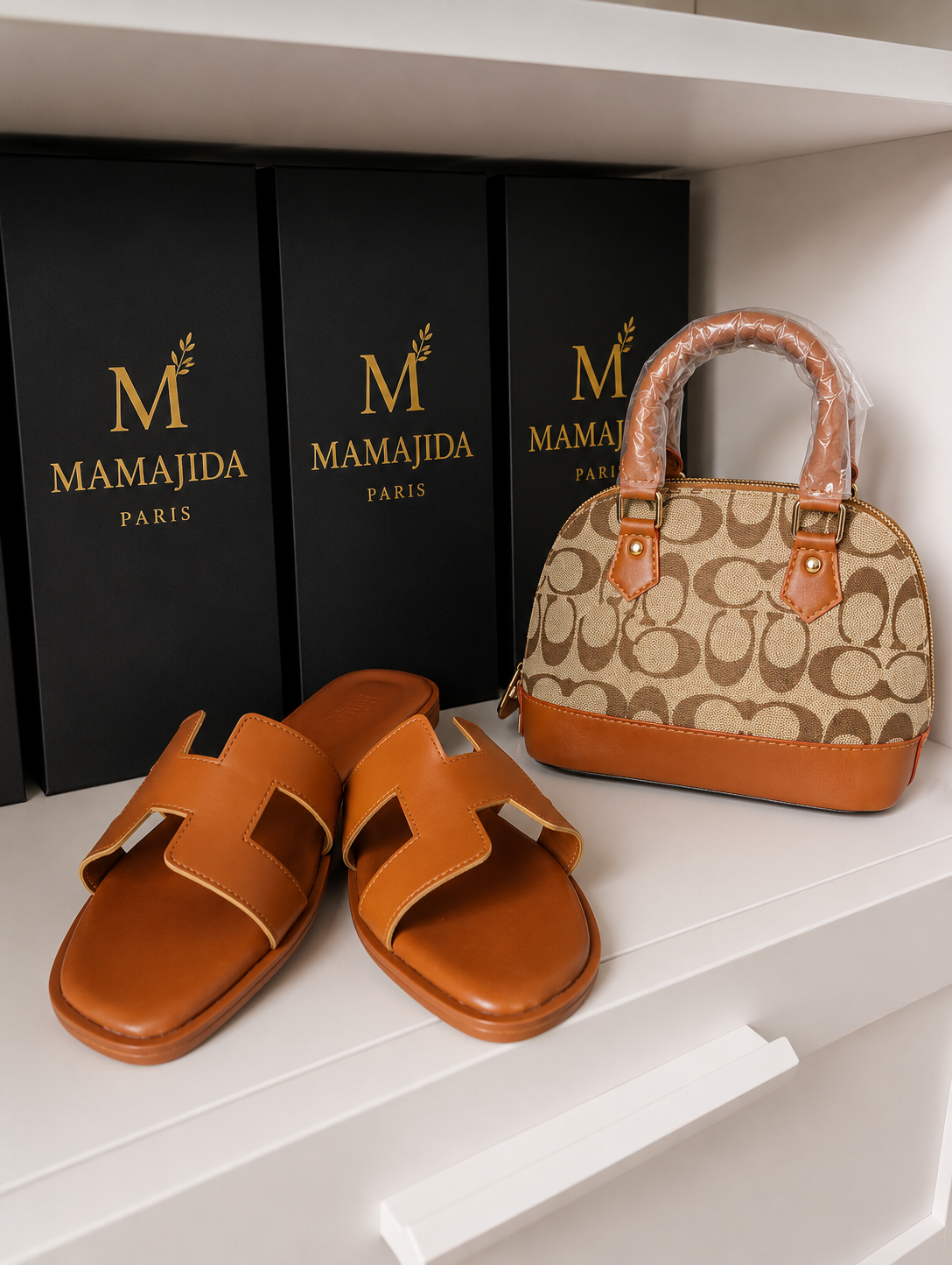 Pack MAMAJIDA Camel – Sac & Sandales